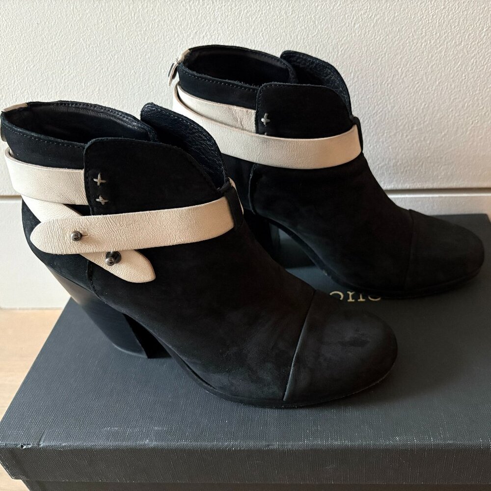 Rag & Bone Harrow Boots - Black Suede with White Belt Detail, Size 37